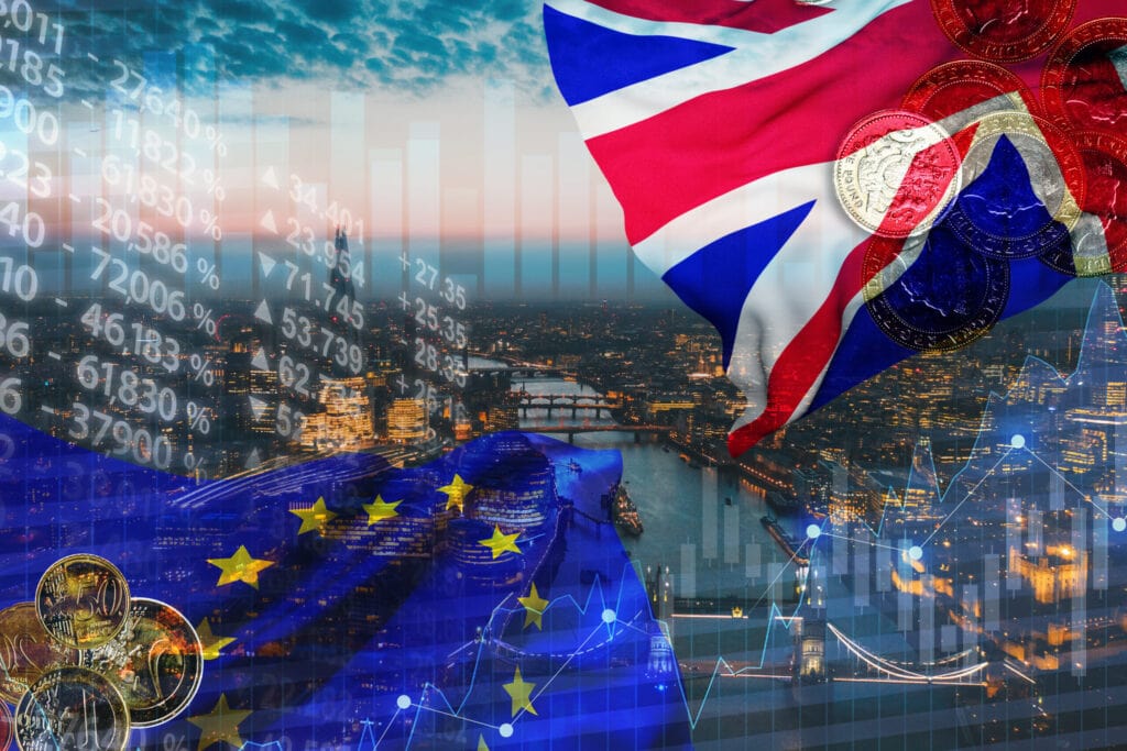 Image showing the Union Jack and European Union flags overlaid on a cityscape, with financial graphs and coin imagery, symbolizing economic themes related to the UK and EU.