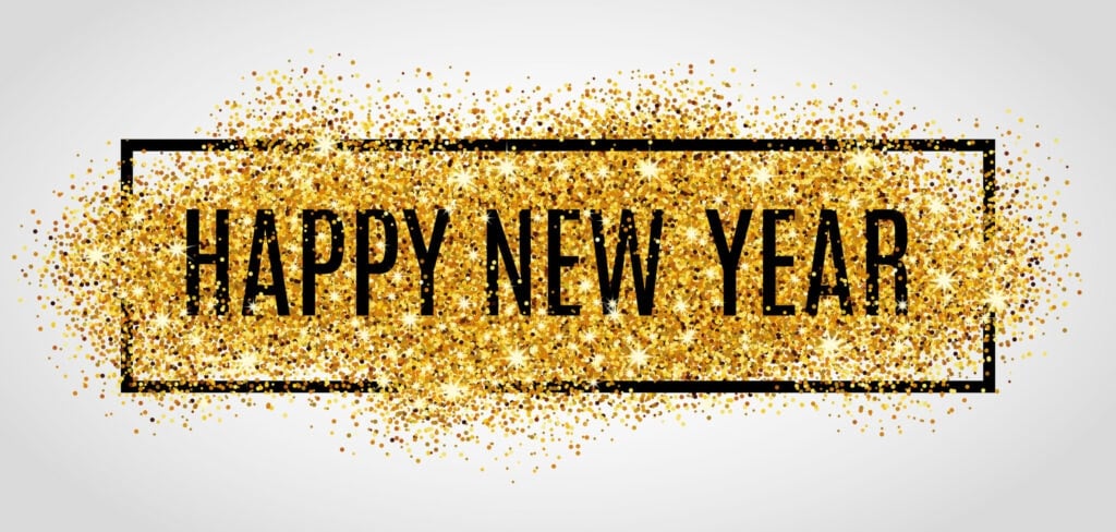 Happy New Year" text surrounded by a rectangular border and golden glitter on a white background.