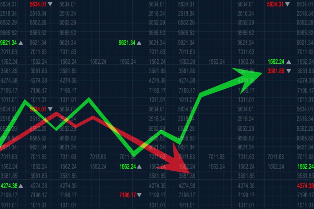 A stock market graph with green and red lines showing upward and downward trends respectively, overlaid with various numbers indicating index values.