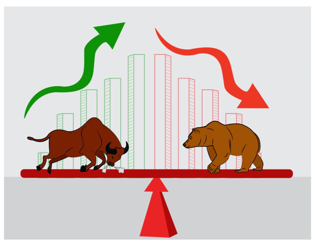 An illustration of a bull and a bear on a seesaw, symbolizing market trends. Rising and falling bar charts with arrows support the background.