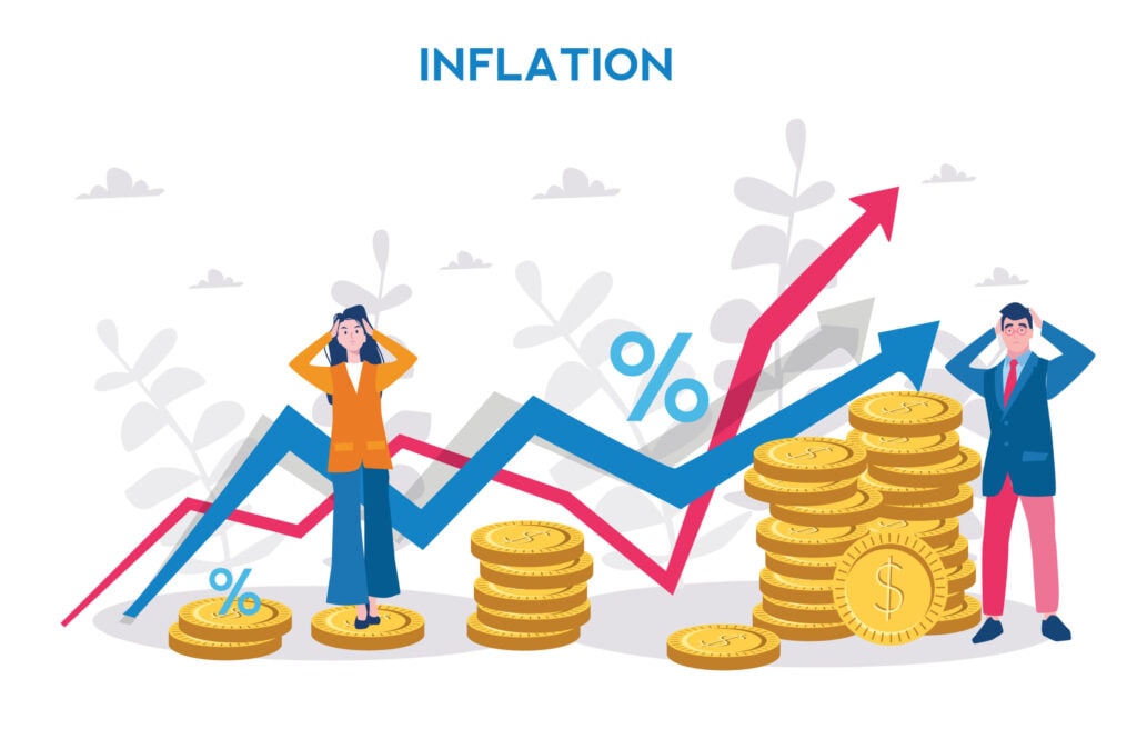 Illustration showing two distressed individuals standing next to growing stacks of coins, graphs with rising arrows, and percentage signs, representing the concept of inflation.