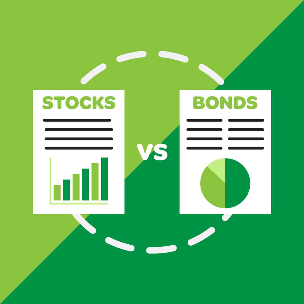 Image depicting a comparison between stocks and bonds, represented by two documents with graphs and charts, with the word "vs" in the middle.