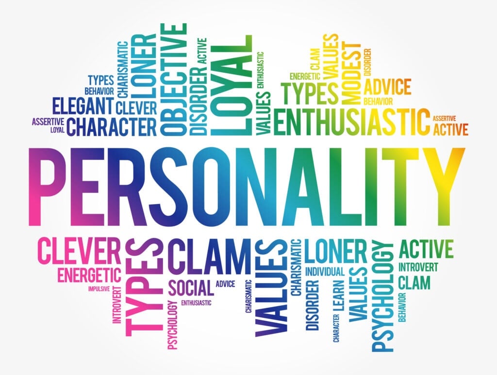 A colorful word cloud centered on "PERSONALITY" with words like "LOYAL," "MODEST," "ENTHUSIASTIC," "CLEVER," and "ELEGANT" in different sizes, surrounded by related terms in varying colors.