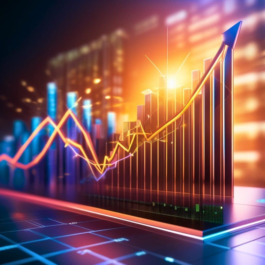 A vibrant graph displaying fluctuating financial data with an overall upward trend amidst a glowing background of bar graphs and bright lights.