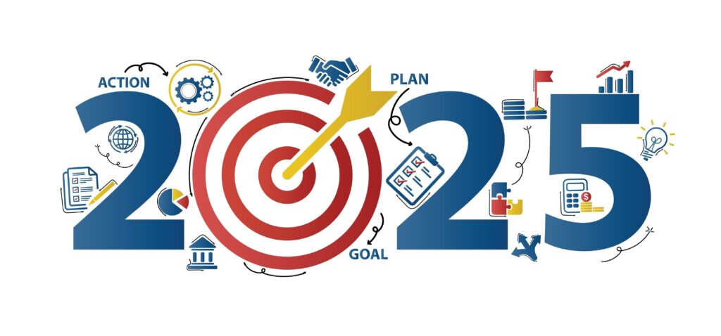 Infographic of "2025" with icons symbolizing action, planning, and goals; includes a target and arrow, gears, handshake, and symbols of growth and strategy.