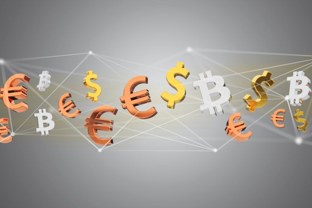 Floating currency symbols including dollar, euro, bitcoin, and yen are connected by white lines against a blurred gray background.