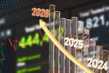 3D bar graph with labeled years 2024, 2025, and 2026 shows an upward trend, set against a background of financial data and stock market numbers.