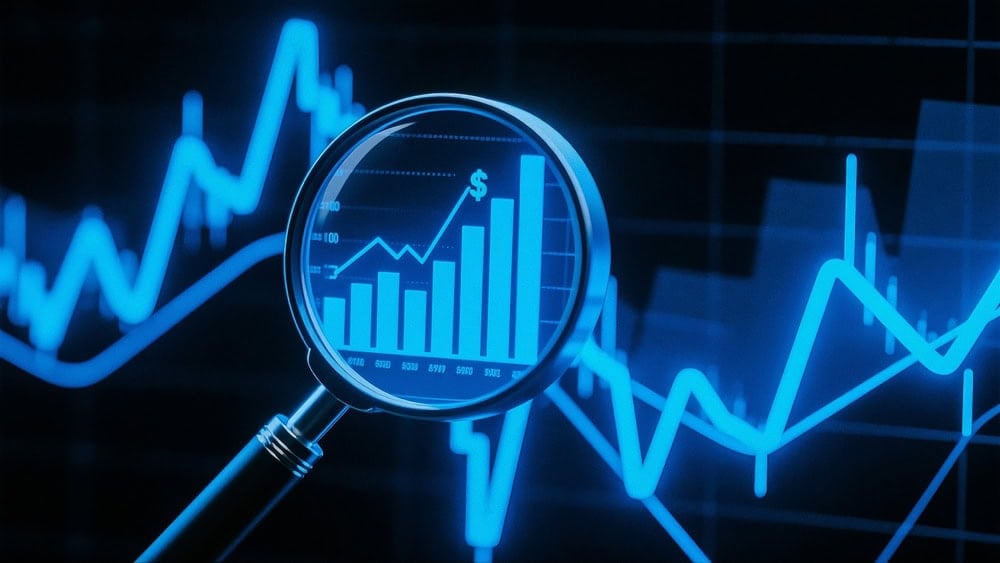 A magnifying glass focuses on a digital bar chart and line graph with financial data, highlighting a rising trend with a dollar sign.