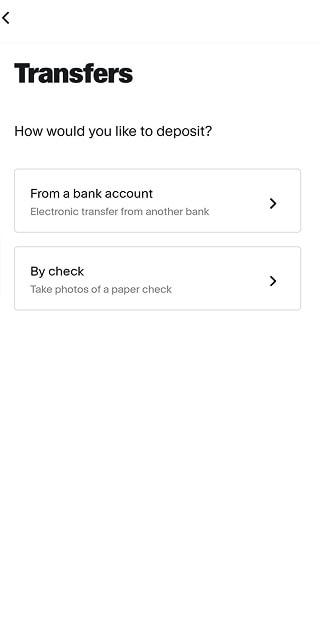 Mobile banking screen showing two deposit options: “From a bank account” for electronic transfer, and “By check” for depositing via photo of a paper check.