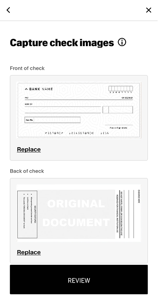 Screenshot of a mobile app screen showing options to capture and review images of the front and back of a check, with “Replace” buttons and a “Review” button at the bottom.