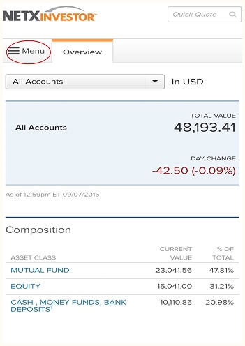 Screenshot of a financial account overview showing a total value of $48,193.41, day change of -$42.50, and asset breakdown into mutual fund, equity, and cash accounts.