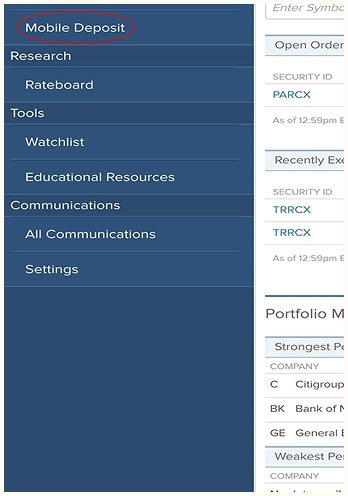 Screenshot of a financial app’s side menu with “Mobile Deposit” circled in red and other options like Research, Tools, and Settings listed below. Portfolio and securities info shown on the right.