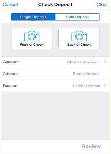 Mobile app screen for check deposit showing options for single or split deposit, buttons for front and back check photos, and fields for account, amount, and reason.