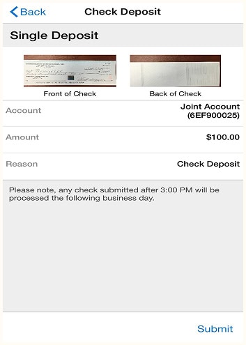 Mobile app screen for depositing a check, showing images of the check’s front and back, depositing $100 to a joint account, with a note about processing after 3:00 PM.