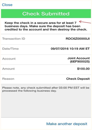 Mobile banking confirmation screen showing a $100 check deposit to a joint account, with instructions to keep the check for at least 7 business days before destroying it.